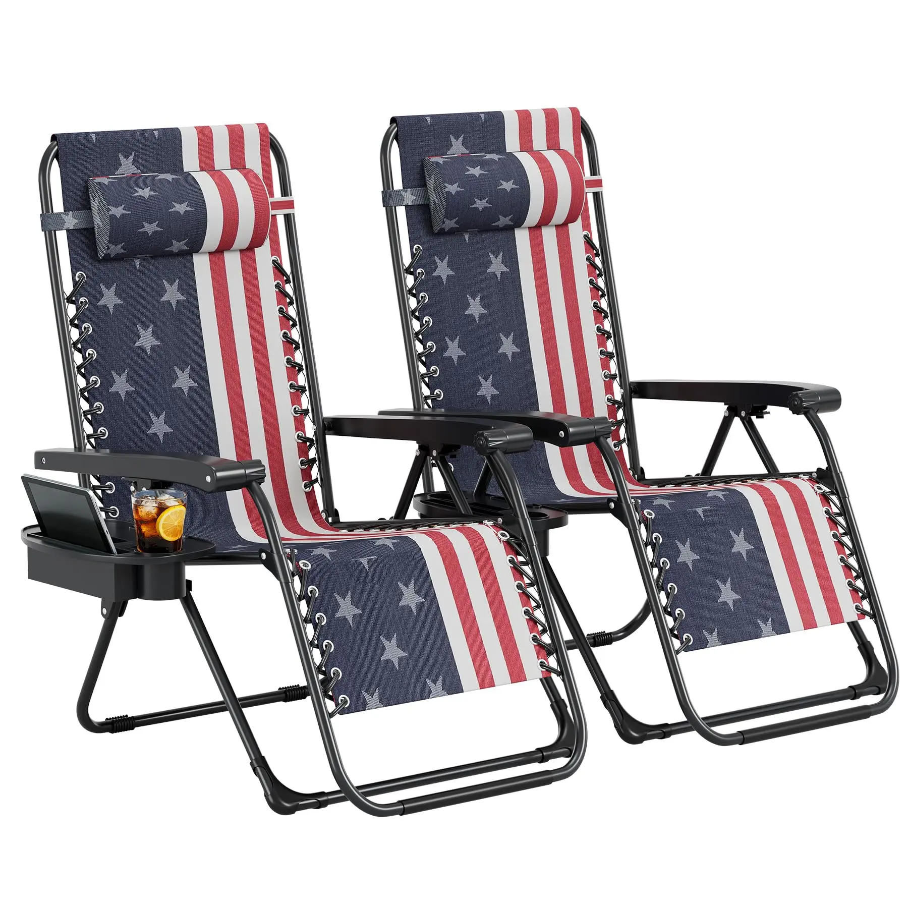 Zero Gravity Reclining Chairs Set of 2, Outdoor Folding Patio Lounge Chair with Pillow Cup Holder Tray, Adjustable Portable Camping Recliner Chair for Deck Beach Yard Garden Indoor Outdoor Relaxation
