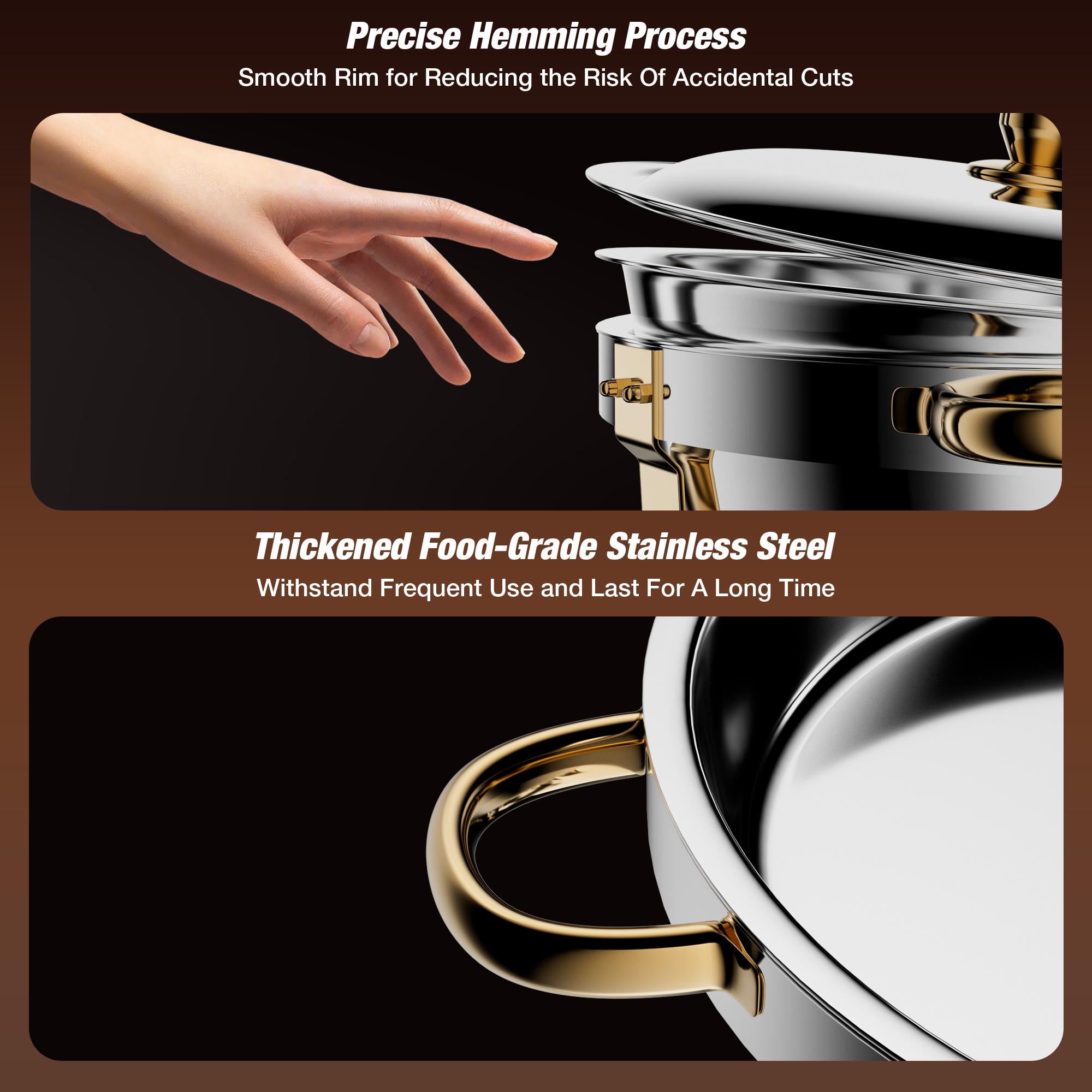 WARMOUNTS 5QT Elegant Gold Chafing Dish - Round Stainless Steel Buffet Warmers with Cut-Resistant Rims & Lid Holder for Wedding Catering & Party&Holiday Feasts Events
