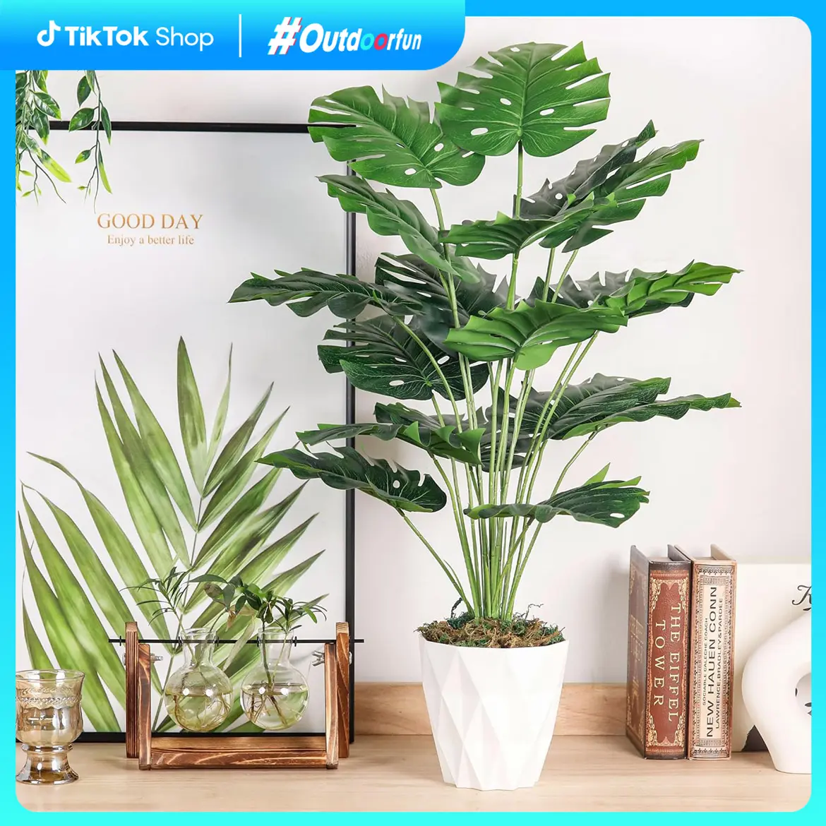 Outdoorfun 28" Fake Plants Large Artificial monstera Faux Plants Indoor with White Pot for Home Office Living Room Decor for Summer Porch Patio Planters, New Home Garden Decor & Moving Season, summerwins Deals For You