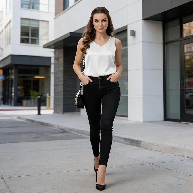 Women's Satin V-Neck Camisole - Casual Loose Sleeveless Basic Blouse