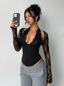 Aloruh Women's New Romantic Elegant Alluring Sexy Lace Patchwork Tight Hollow Out Long Sleeve Blouse, Suitable For Date, Party, Outing,Black Top