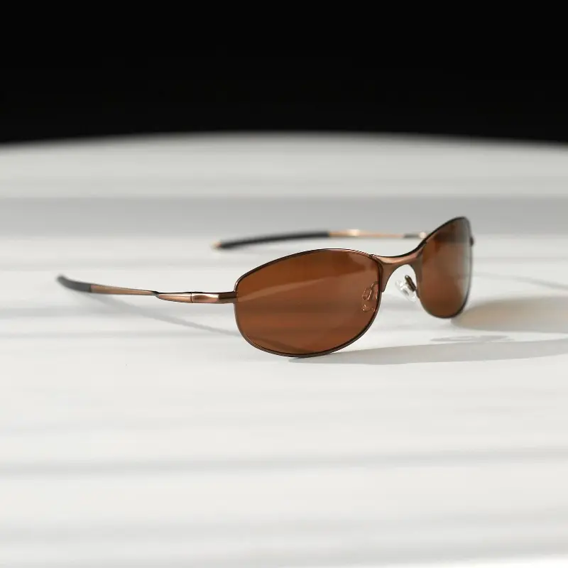 Men's Oval Polarized Sports Sunglasses - Lightweight Thin Brown Metal Frame, UV400 Protection Lenses, Slim Wire Eyewear for Driving/Fishing, Men's Sunglasses