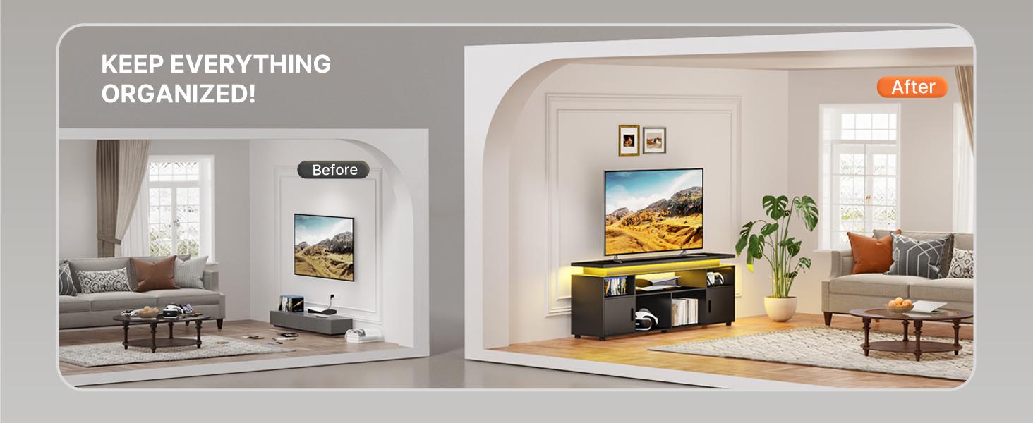 SUNCOZE TV Stand, Entertainment Center with LED Lights and Cabinet for 70/75/80 Inch TV, Modern TV Console Gaming Media Television Stands with Power Outlets for PS5 in Living Room and Bedroom