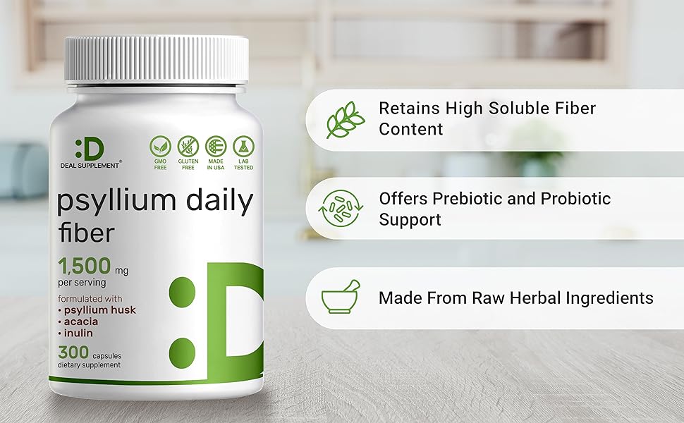 DEAL SUPPLEMENT Psyllium Husk Capsules –Soluble Fiber | Optimum Digestive Health for Gut & Colon Healthcare Dietary