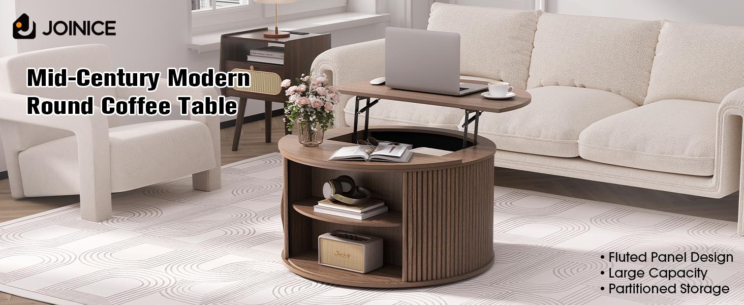 31.5" Round Lift Top Coffee Table, Mid Century Modern Walnut Center Table with Hidden Storage, Fluted Drum Wood Table for Small Living Room Apartment