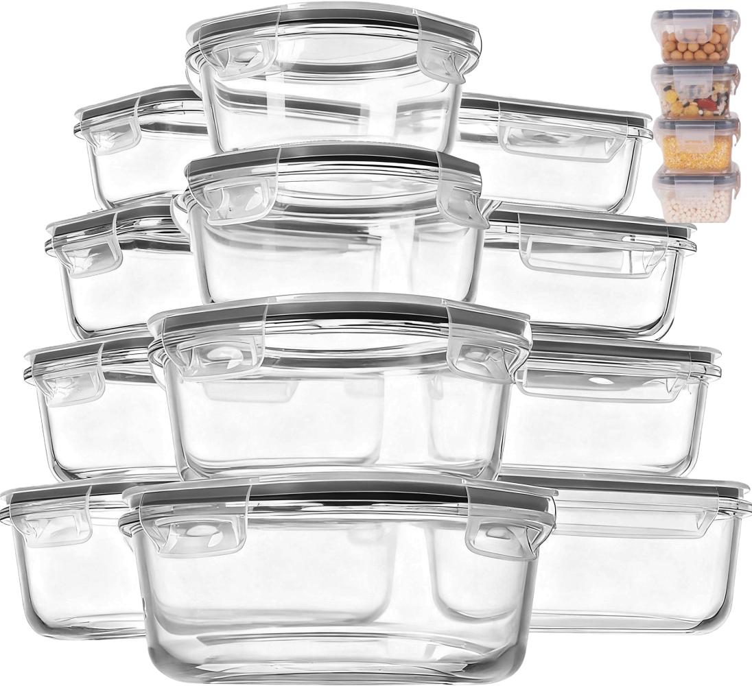 12Pack Glass Food Storage Containers - Airtight Lids, Microwave/Dishwasher Safe BPA-Free Kitchen Organizer + Black/Gray Utensils