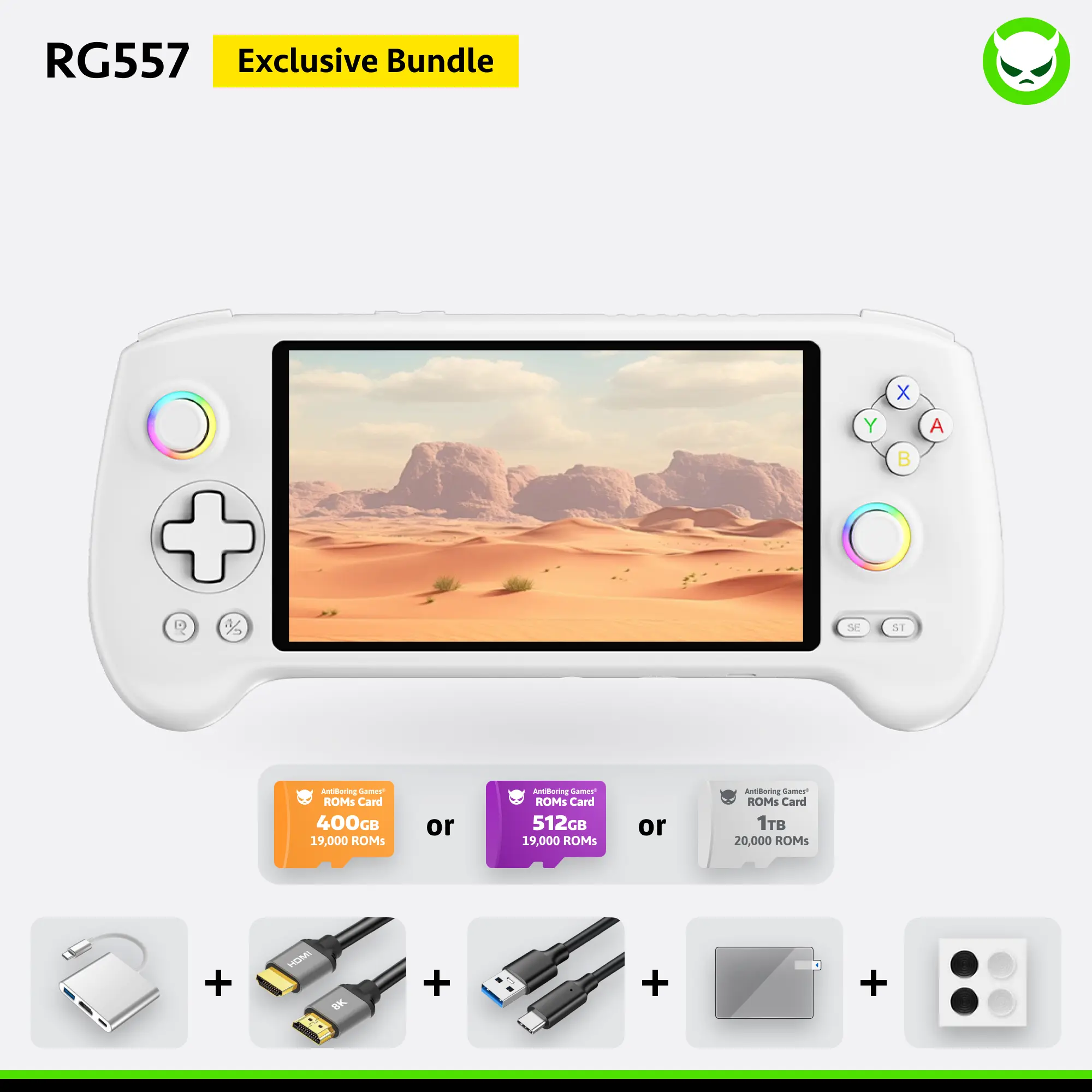 Anbernic RG557 Handheld Game Console【Buy 1 Get 1 HDMI Cable(8K)+1 Multi-Port Adapter+1 Type-C Cable+Joystick Cap*2 Pairs 】 Android 14 AMOLED Touch Screen 1080*1920 Dimensity 8300 Processor Octa-core CPU Six-axis Gyroscope Sensor Ready to Play Gift Package