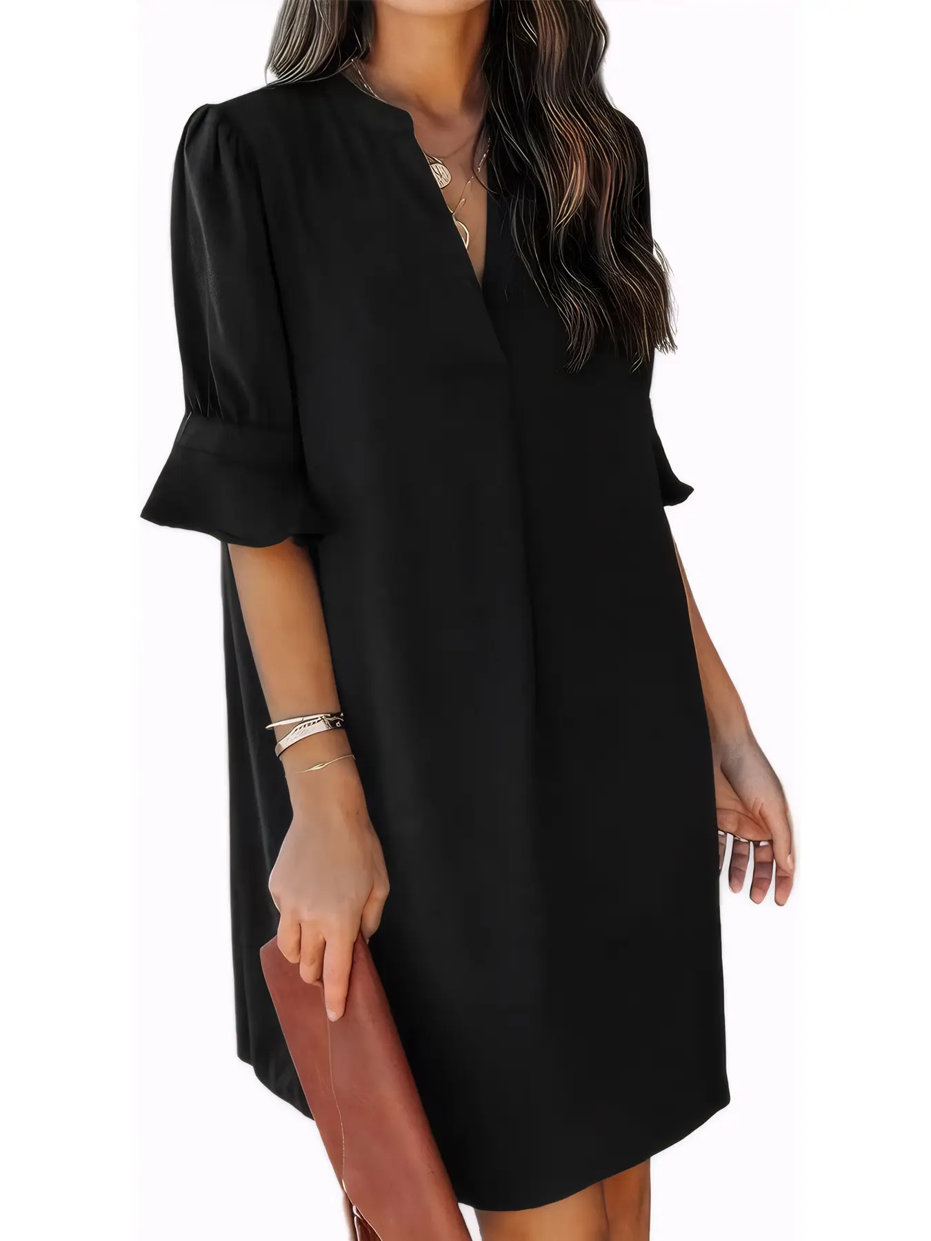 USBOUTIQUECHIC Women's Polyester Feminine Summer Slim Fit Midi Dress - Basic Casual Wear, Lightweight, Notched Neck, Flounce Roll-Up Sleeves, Plain, Comfortable for Casual & Date Night