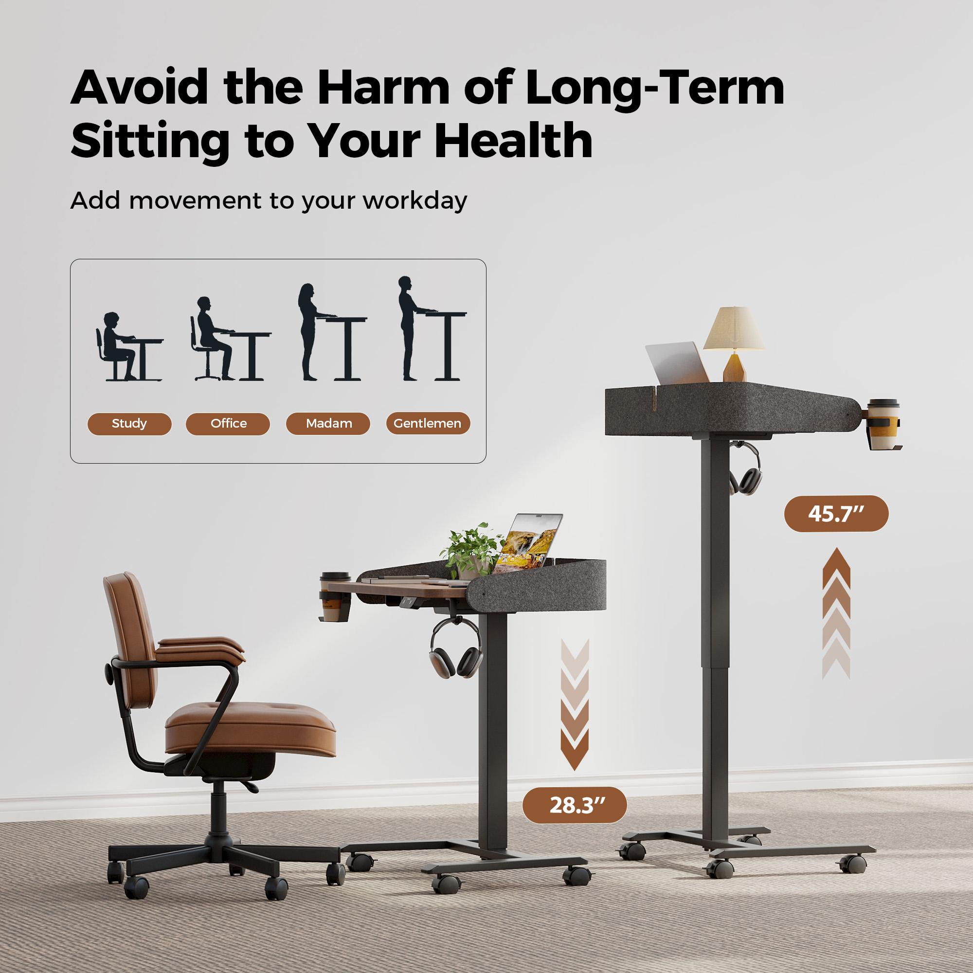 Mobile Standing Desk with Wheels & Felt Pane 26.8" x 18.9",  Adjustable Rolling Desk with Cup Holder Hook Space Saving Sit Stand Portable for Home Office Bedside Couch Use