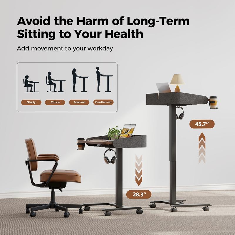 Mobile Standing Desk with Wheels & Felt Pane 26.8" x 18.9",  Adjustable Rolling Desk with Cup Holder Hook Space Saving Sit Stand Portable for Home Office Bedside Couch Use