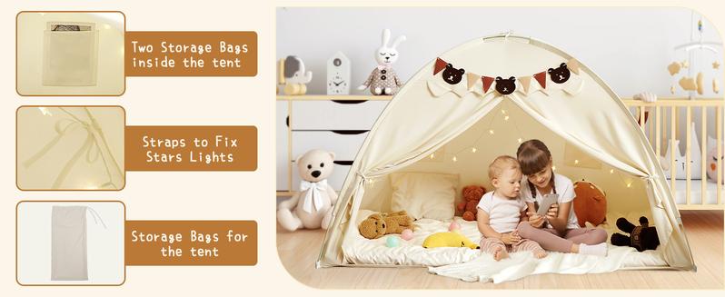 Children's play tent with Stars Light & Flags, Breathable Sleeping Bed Tent, Privacy Space Dream Playhouse for kids Indoor Bedroom Floor Portable Play Tent