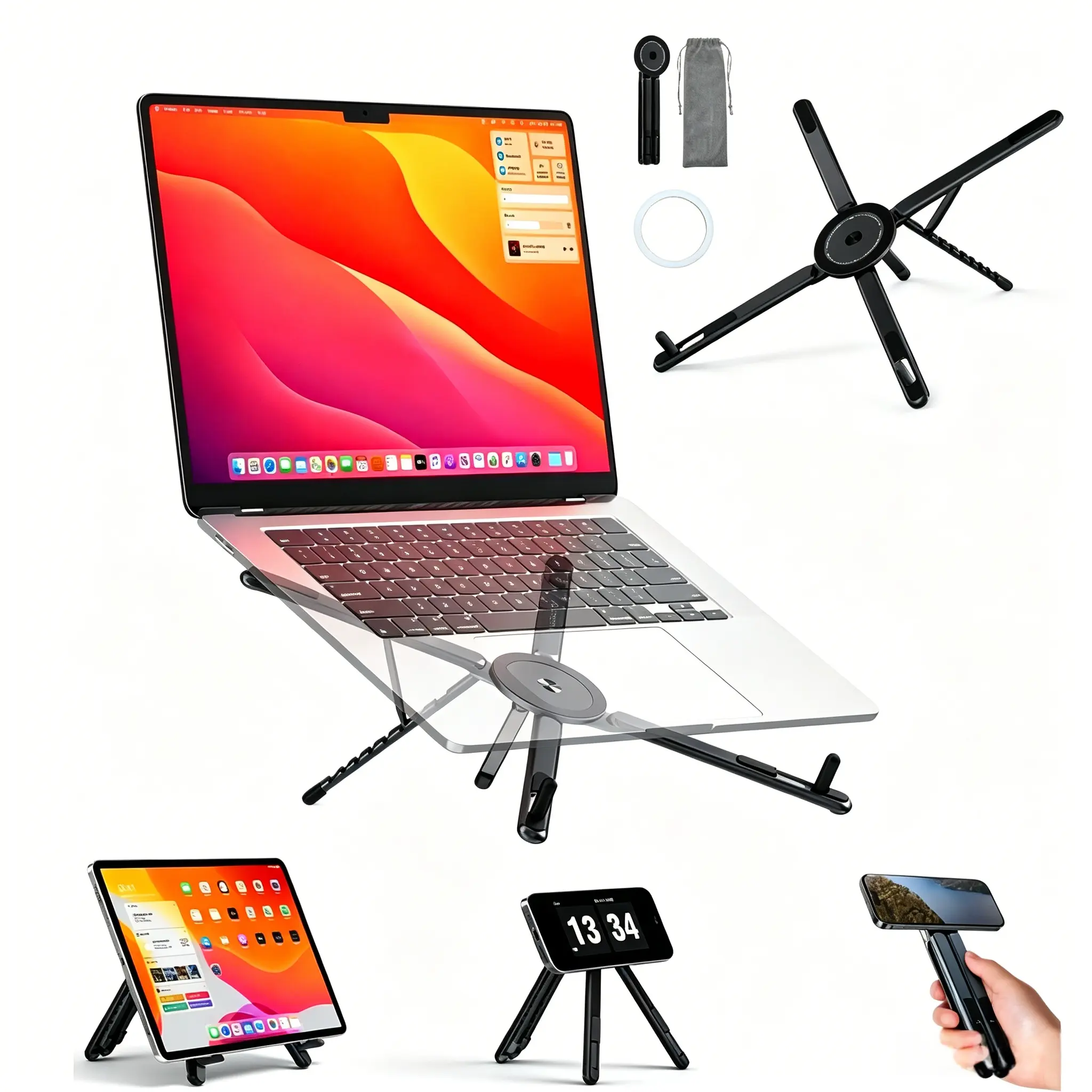 [BackToSchool] 2026 3-in-1 Magnetic Foldable Laptop Stand - 8-Levels Height Angle Desktop Holder, Portable Ergonomic Steady Supportive PC & Device Mount Platforms & Stands for 4-13" Phones, 10-16" Laptops, Tablets, Laptop Mount Platforms & Stands