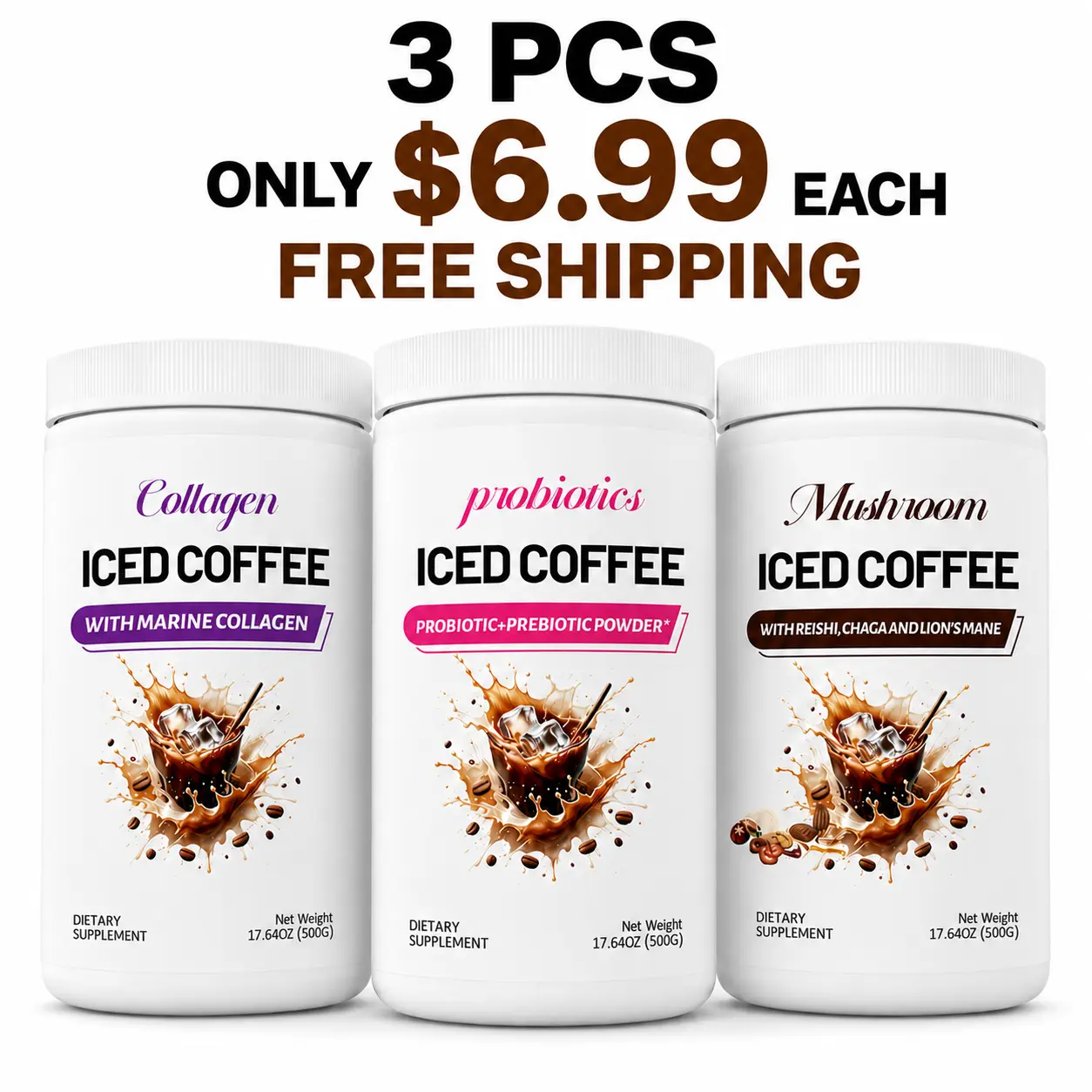 3 Pack Iced Coffee Bundle, Functional Coffee Supplement Powder with Collagen, Mushroom & Probiotics, Instant Drink Mix, 500g, Morning Routine Beverage, Add Water & Ice