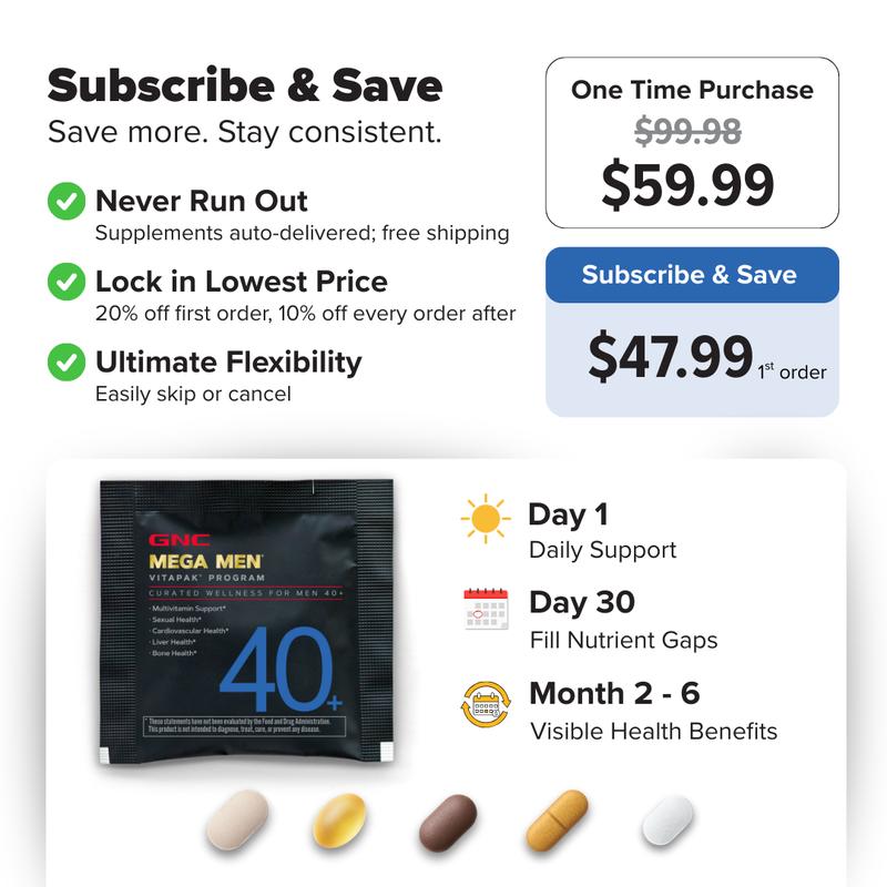 GNC 2-Pack Bundle: GNC Mega Men 40+ Vitapak Program (30 servings), Stress & Bone Support, 30 Count, Healthcare, Edible Dietary Supplement, Overall Wellness, Fitness, Jumpstart
