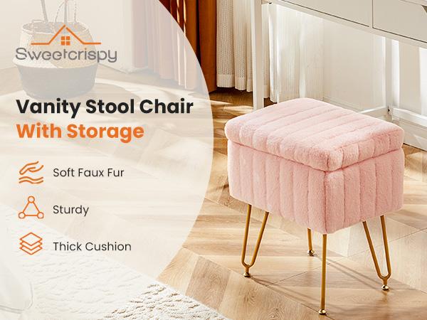 【Deal】Vanity Stool Chair with Storage, Ottoman Faux Fur Soft Padded Makeup Footstools Seat with 4 Metal Legs Anti-Slip Adjustable Feet
