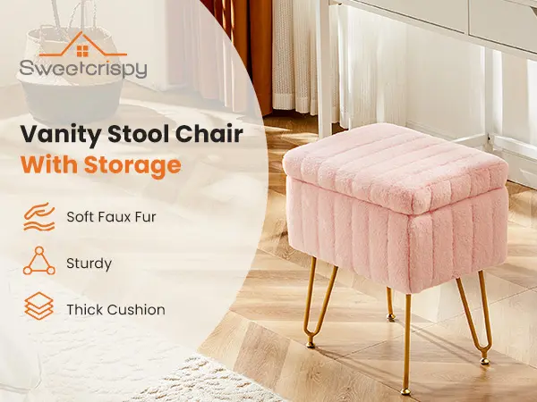 Vanity Stool Chair with Storage, Ottoman Faux Fur Soft Padded Makeup Footstools Seat with 4 Metal Legs Anti-Slip Adjustable Feet