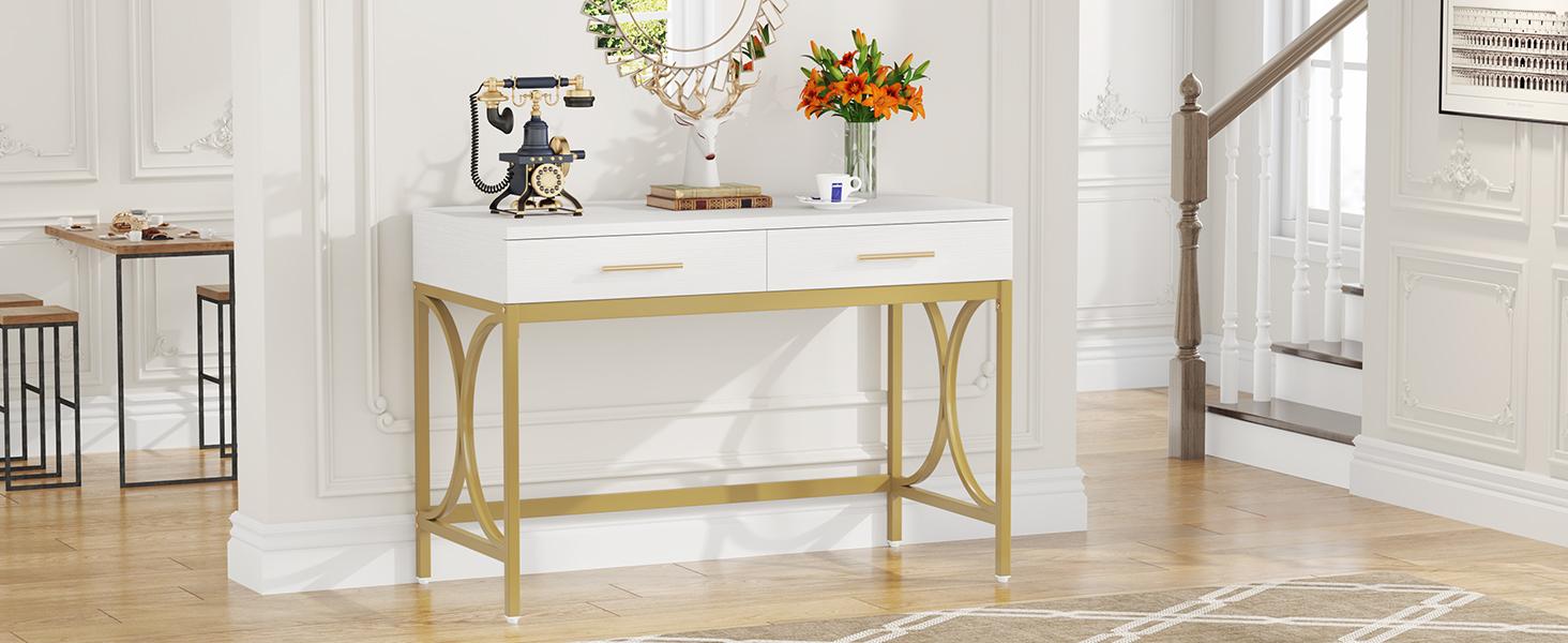 【BTS ONLY】Tribesigns 41" Computer Desk with 2 Drawers, Modern Study Writing Desk with Metal Frame for Home Office, Bedroom, White & Gold