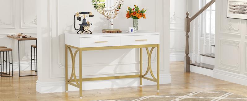 【BTS ONLY】Tribesigns 41" Computer Desk with 2 Drawers, Modern Study Writing Desk with Metal Frame for Home Office, Bedroom, White & Gold