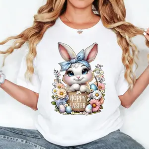 Women's Easter Pattern Printed T-shirt, Round Neck Short-sleeve Top Made of Soft Fabric Suitable for All Seasons, the Perfect Easter Gift for Female Friends, Stretchable Fabric Top, Daily Wear, Fashionable Shirt, Lightweight Material, Holiday-themed