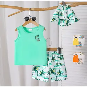 Toddler Boys 3-Piece Summer Outfit Sleeveless Coconut Tree Print Tank Top, Shorts & Hat Set, 4-7 Years Ready Stock 152504038