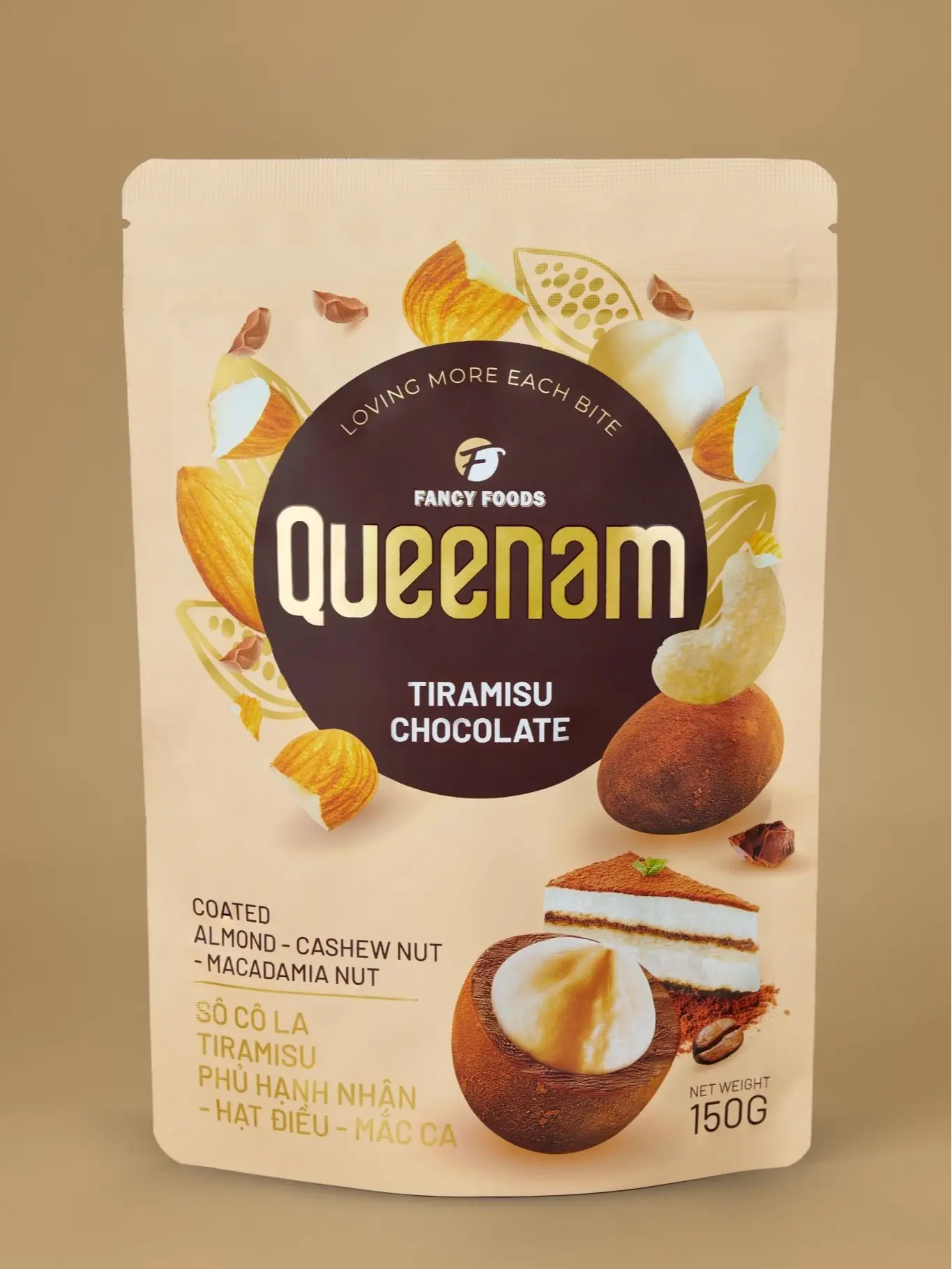 QUEENAM Creamy Cocoa Tiramisu Chocolate-Coated Nut Snack - Almonds, Cashews, Macadamias - Coffee & Dessert Option, 2.65 oz