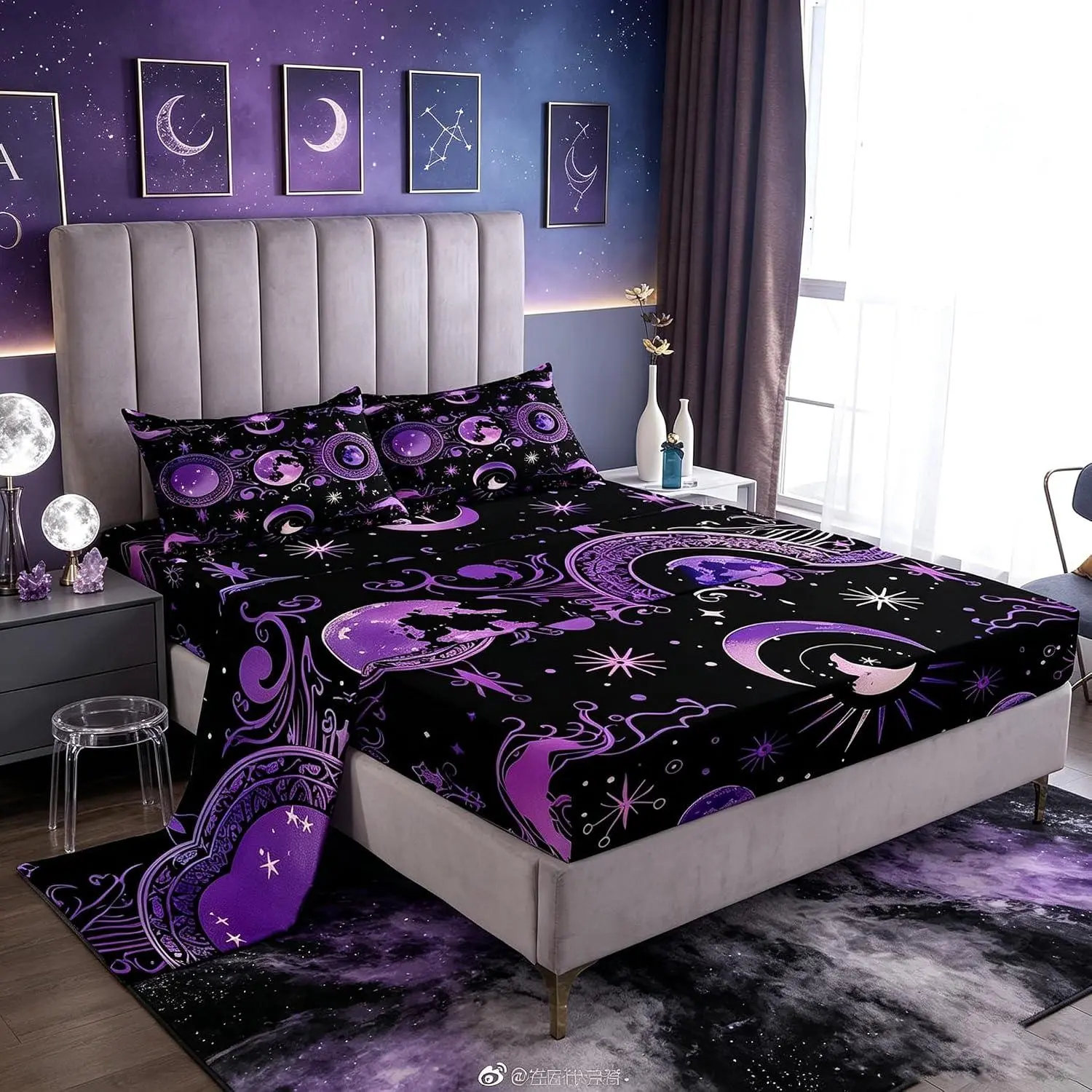 Feelyou Halloween Soft Bedding Set - Sun-Moon Eclipse Themed Purple Deep Pocket Fitted Sheet Home Decor Collection with Matching Sheets, Astronomy Design
