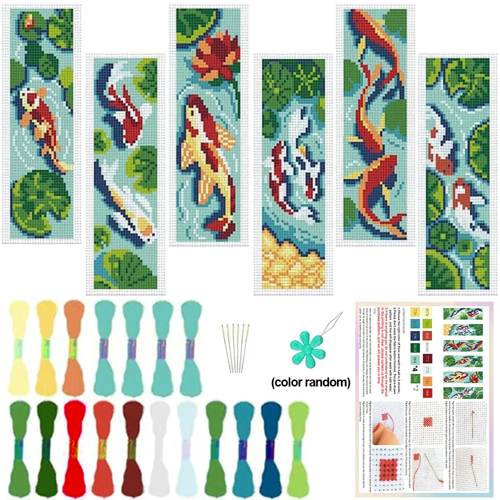 6-Piece Koi Fish Stamped Cross Stitch Bookmark Kit, Cross Stitch Patterns, Beginner-Friendly Vintage Style, Includes Fabric, Thread, Tools, Instructions, Unique Home Decor, Gift Idea, Cross Stitch Set, Cross Stitch Kits, Crafts, Cross Stitch Supplies