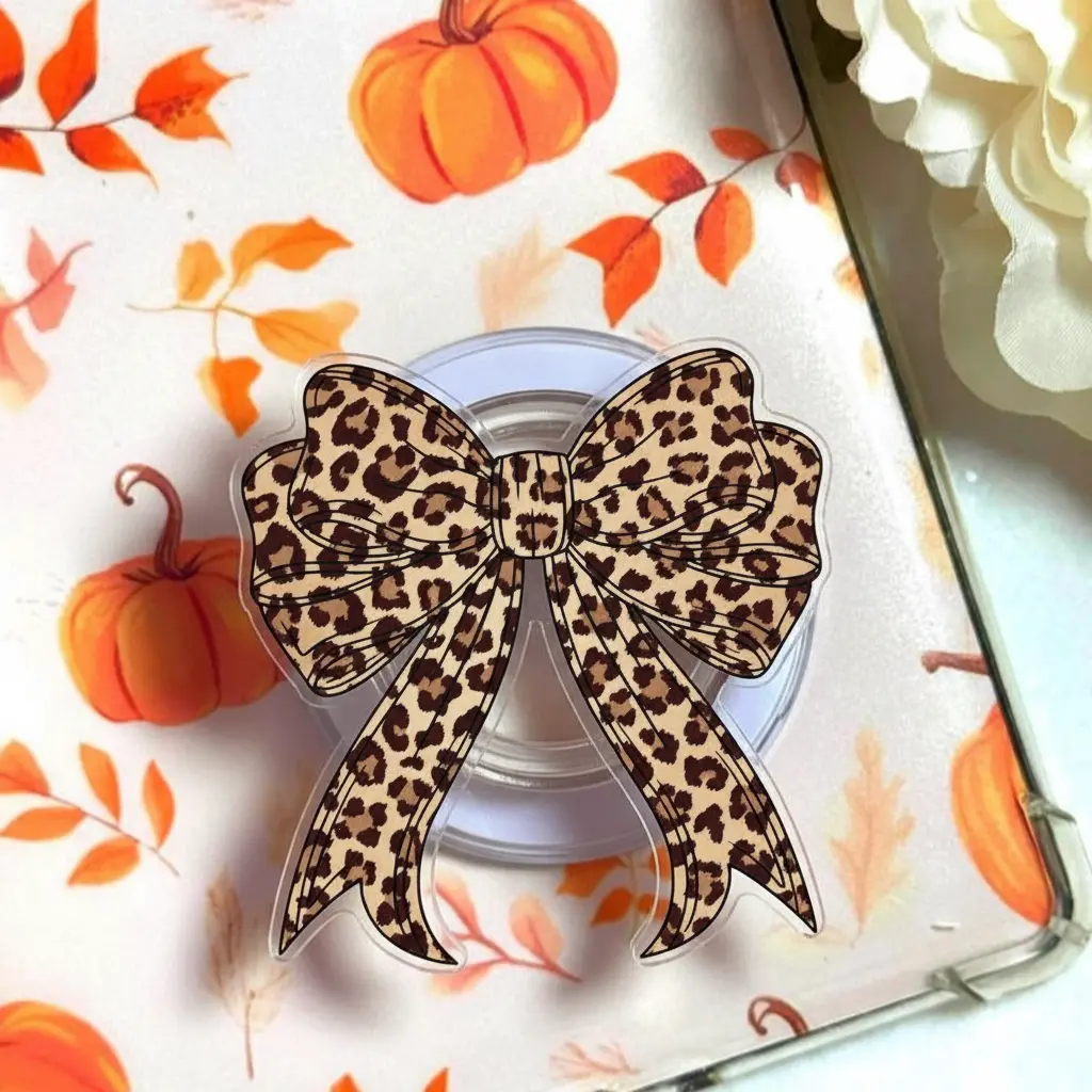 Cute Coquette Bow Leopard Magsafe Phone Grip Detachable Magnetic Kickstand, Chic Valentine Gift Idea For Leopard Print Lovers