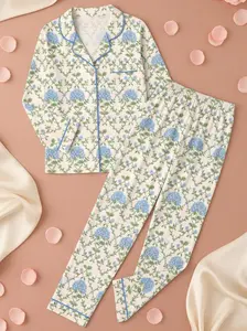 Women's Blue & Green Hydrangea Satin Pajama Set Short Sleeve Button-Up Floral Sleepwear Soft Loungewear Gift for Spring Summer Fall Breathable Premium Latin Satin Fabric - Womenswear