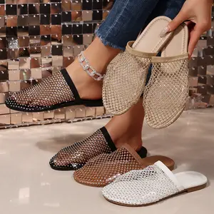 Women’s Rhinestone Mesh Mule Sandals Open-Toe Design Sparkly Rhinestone Decor Flat Sole for Evening Parties & Casual Outings Springfresh
