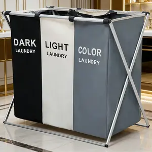 3 Section Printed Laundry Basket Dark  Light Color Foldable Laundry Hamper Sorter with Waterproof Oxford Bags  Aluminum Frame Multicolored Clothes Storage for Home Dormitory
