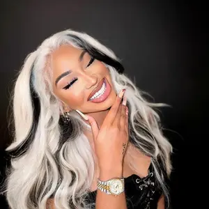 [GKtineke]White and Black Lace Front Wig, 13×4 Lace Front Wigs for Women,  Synthetic Hair Body Wave Wig, Perfect Costume Wig, 26 Inch Pre-Plucked Wigs for Daily & Party & School Use,Perfect Gift for Christmas.