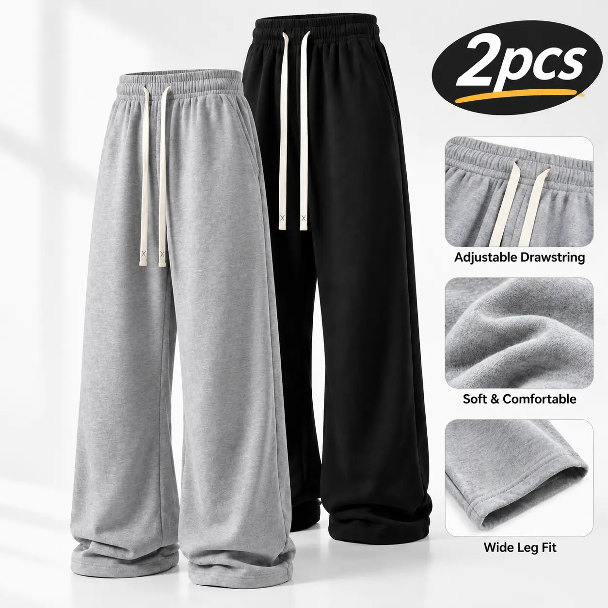 2-Pack Men’s Classic Thick Fleece Straight Sweatpants | Suitable for Autumn/Winter (open hem design, sizes S–3XL) Casual Baggy