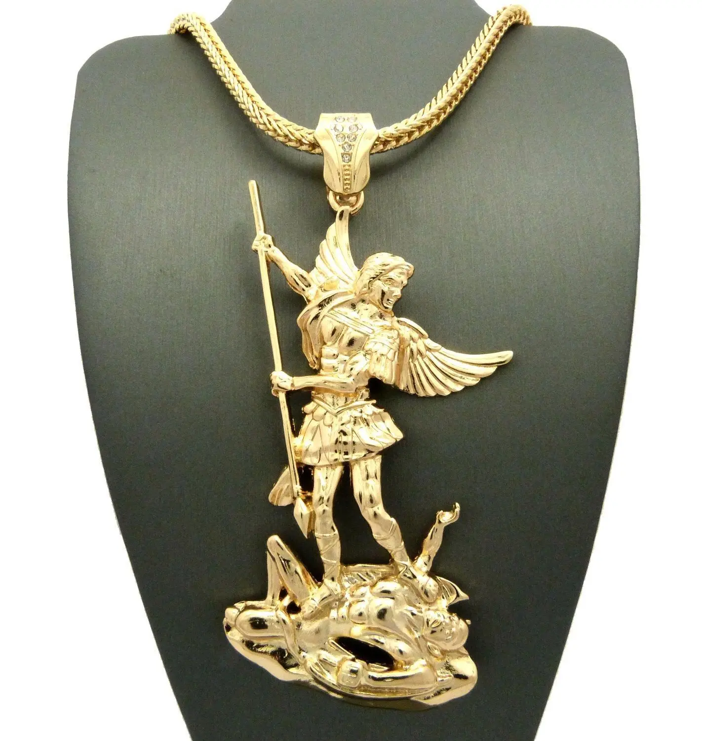 MaxBling81 Gold Plated Exquisite Large Pendant Necklace, Hip Hop Costume Jewelry with Saint Michael Archangel & Lucifer Peace Charm, 4mm 36-in Gold Statement Franco Chain for Everyday Wear, Gold Statement Chain