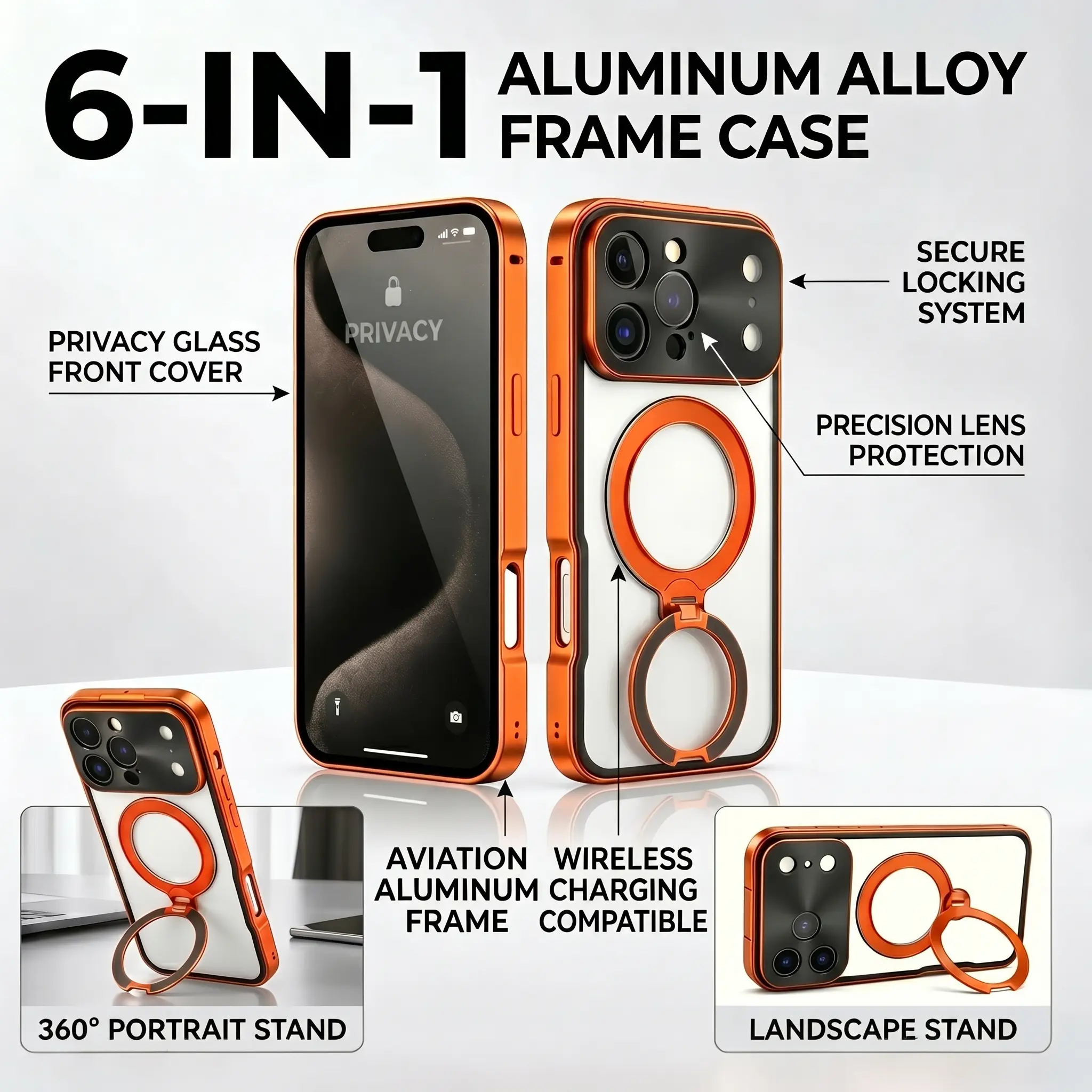 6-in-1 Tempered Privacy Screen Protector Aluminum Frame Casing for iPhone 15/16/17 Pro Max, Full Body Shockproof Protection Phone Accessories, Adjustable 360° Rotatable Kickstand, MagSafe Compatible, Wireless Charging, Ideal for Office, Travel