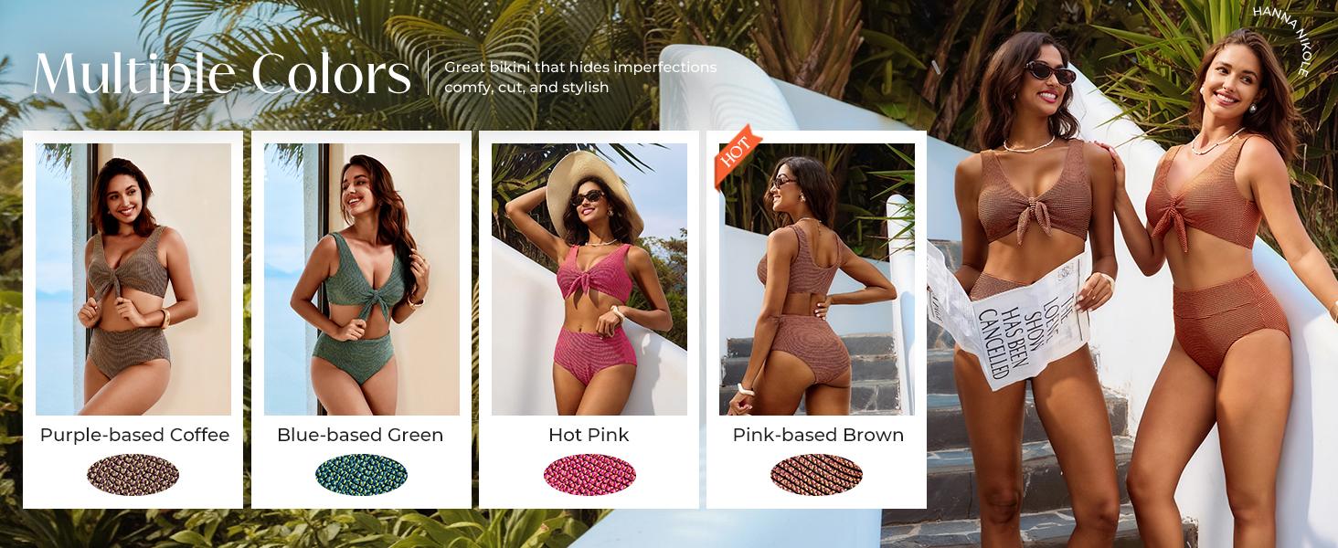 【S-2XL】Hanna Nikole Women's High Waisted Bikini Sets Two Piece Swimsuit with Tummy Control Textured Bathing Suits Tie Knot Swimwear for Beach Vacation SpringStatements