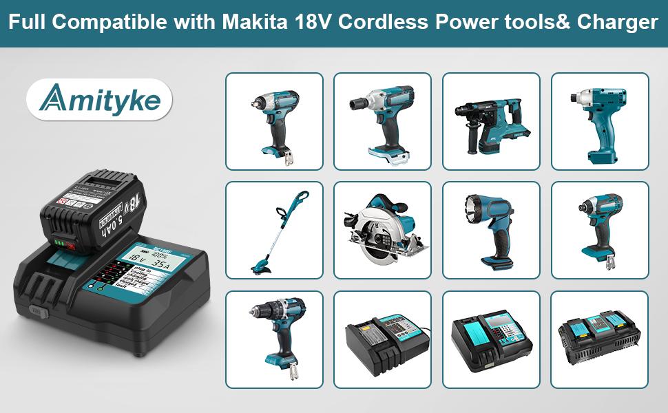 Amityke 2 Pack 18V 5000mAh Lithium-ion Replacement Battery for Makita and 14.4V-18V Replacement Charger for Makita, Fully Compatible with Makita 18V Cordless Power Tools