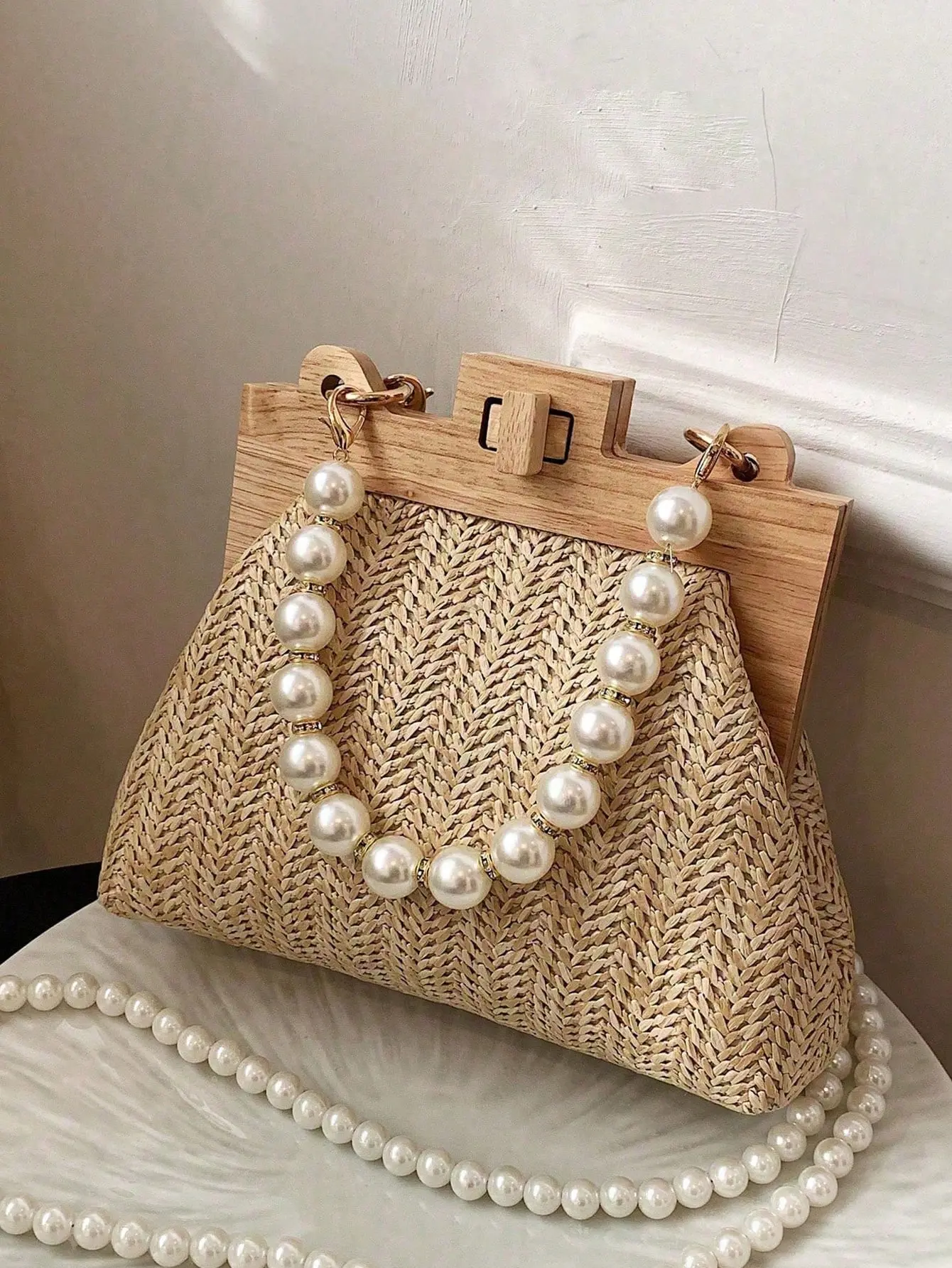 Women's Bohemian Romantic Straw Handbag - 26 Spring/Summer Stylish Elegant Faux Pearl Accents, Handheld Clutch, High-Quality Versatile Daily Commuting Bag, Ideal for Beach Weddings, Valentine's Day/Mother's Day Gift, Perfect For Beach Days