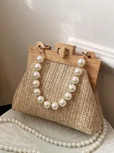 Valentine's Daygift Stylish Women's Elegant Faux Pearl Decorated Straw Handbag Fashionable Casual Trendy Versatile High-quality Daily Commuting Bag