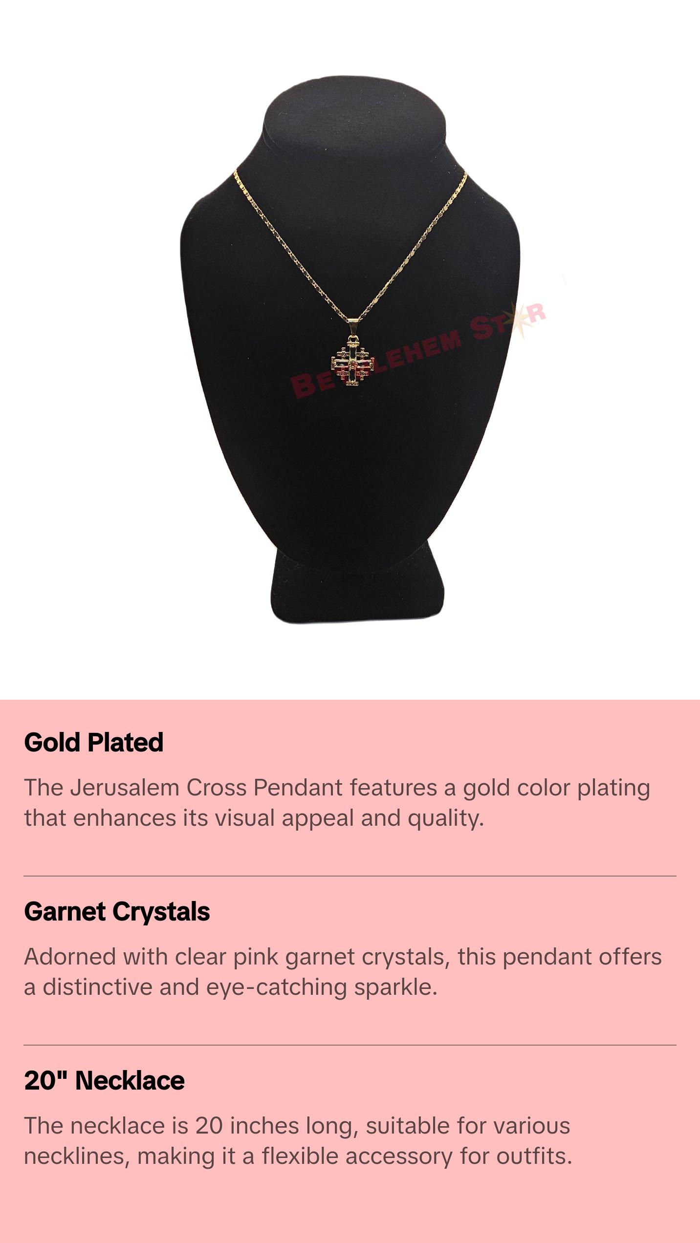 Gold Plated Jerusalem Cross Pendant clear Garnet Crystallized 20"Necklace