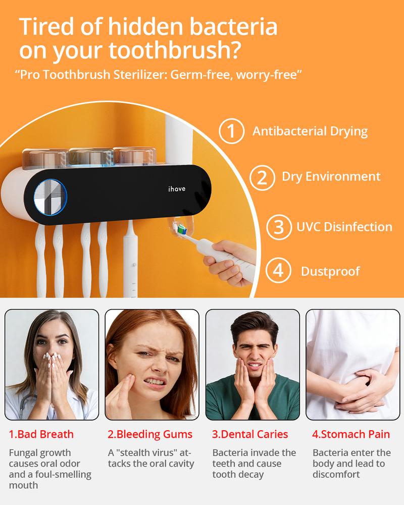 iHave Toothbrush Sanitizer and Holder - UV Toothbrush Holders for Bathrooms with Toothpaste Dispenser, Smart Toothbrush Holder for Wall, Toothbrush Organizer & Toothbrush Sanitizer and Holder with Breathing Light – Perfect Bathroom Home Essentials - C