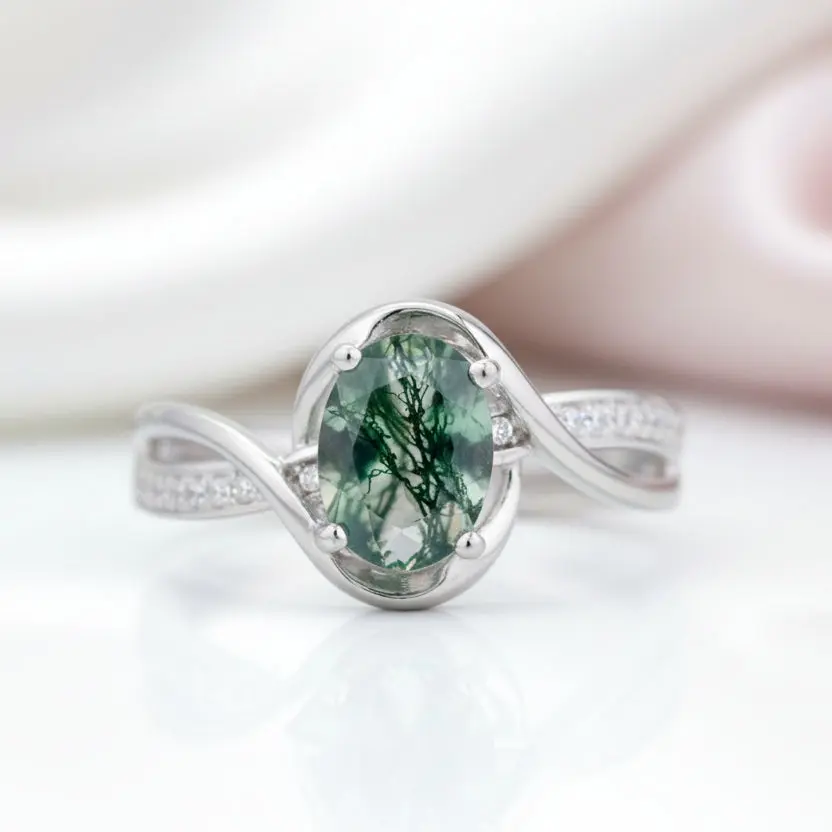 1.3Ct Oval Cut Natural Moss Agate Twist Engagement Ring
