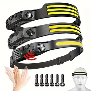3pcs Rechargeable Headlamp + 6 Hooks Set, 230° Wide Beam Head Lamp, Motion Sensor COB&LED Headlamp Rechargeable, 5 Mode Headlamps For Adults, Bright Head Lights For Forehead, Hard Hat Headlight, Headband Flashlight For Work, Camping Essentials Gear