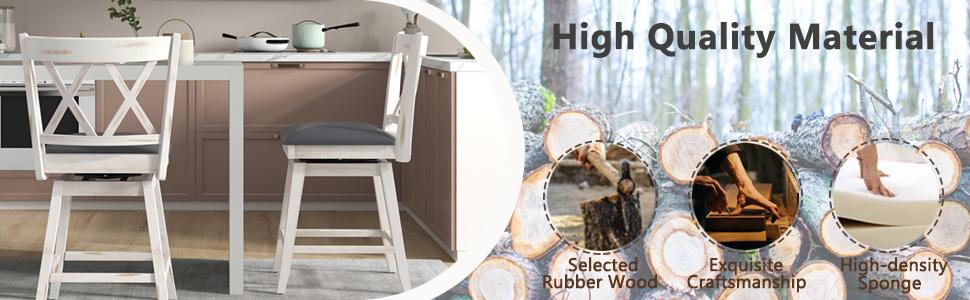 COSTWAY Wood Bar Stools Set of 2, 360° Swivel Barstools 25 Inch w/Backs, Upholstered Cushion & Footrest, Farmhouse Counter Height Bar Stools for Kitchen Island, Dining Room, Home, Pub, White/Black