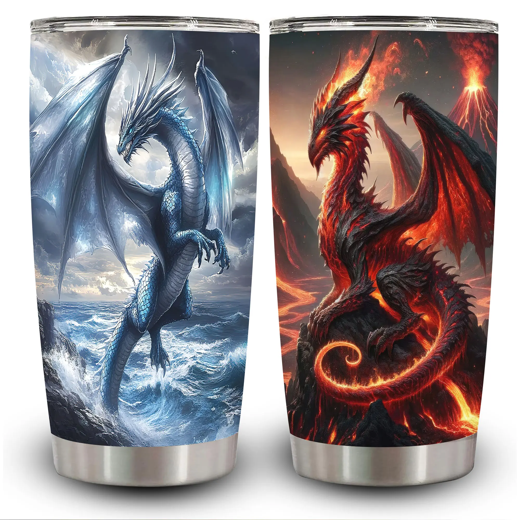 1pc 20oz Epic Ice and Fire Dragon Insulated Travel Tumbler with Lid - Vacuum Flask Coffee Cup, Unique Gift for Men Women, Ideal for Halloween, Birthday, Flasks, Portable
