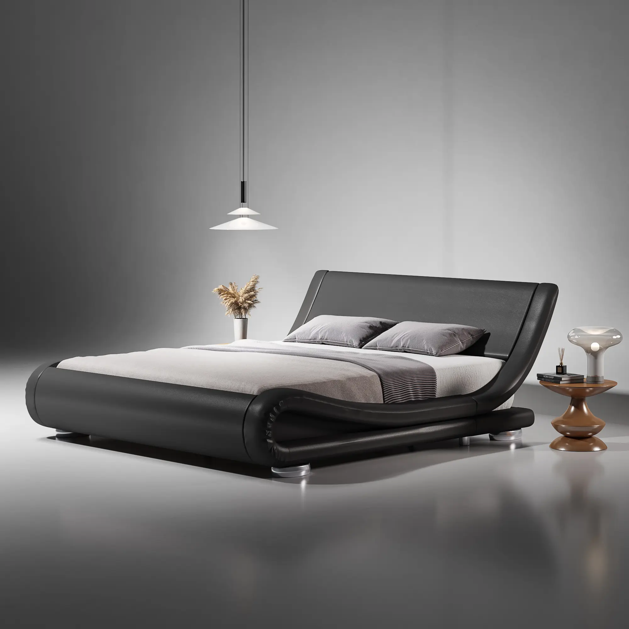 SHA CERLIN Upholstered Sleigh Bed Frame (Frame Only, No Mattress) - Low Profile with Faux Leather Adjustable Curved Upholstered Headboard, No Box Spring Needed, King/Queen Furniture, Summervibes Gift, Adjustable Upholstered Headboard