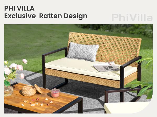 Phi Villa 4-Piece Patio Conversation Set - Wicker Chairs, Acacia Wood Coffee Table, Solid Wood Tabletop, Durable & Stylish Outdoor Design Furniture, Deals for You