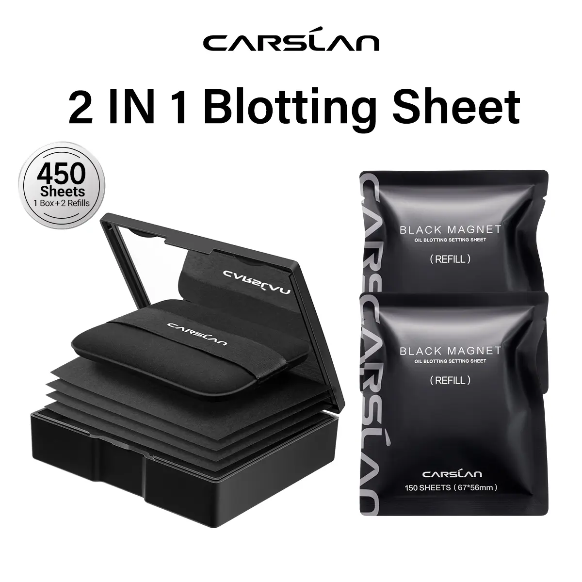 CARSLAN Black Magnet Oil Blotting Setting Sheet With Powder More Control Oil Keep Fresh 2 IN 1 Blotting Sheet with Mirror Puff & Recyclable Case, 450 Sheets 1 Box 2 Refills, Oil Sucker Blotting Paper, For Touch Up