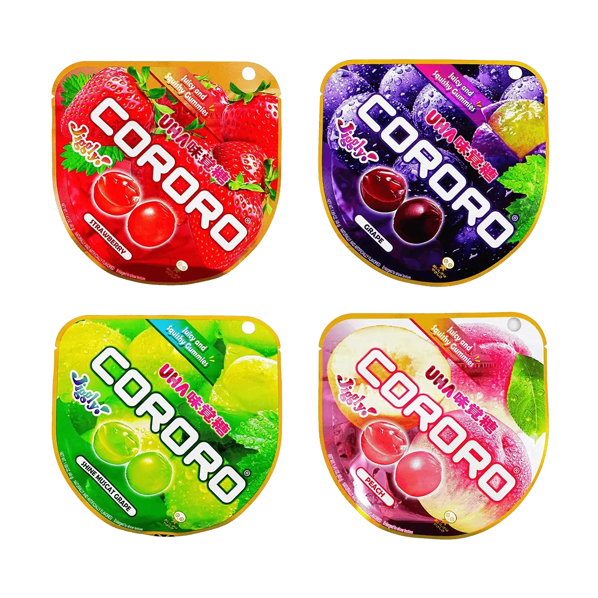 UHA Japanese CORORO Fruit Juice Gummies - Strawberry, Peach, Shine Muscat & Kyoho Grape - 4 Flavor Combo Pack (176g)