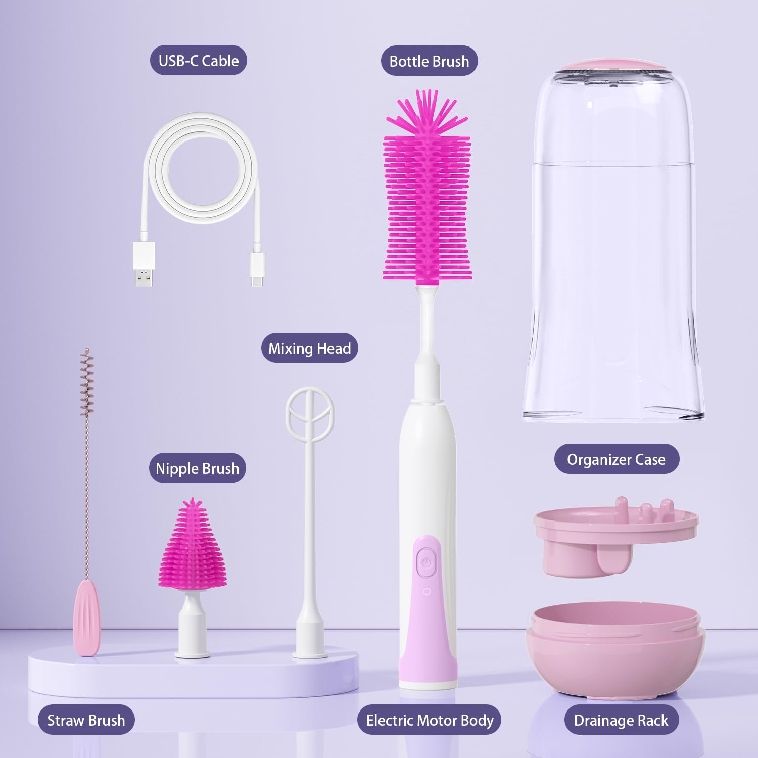 Electric Bottle Brush Set - 2 Modes & 360° Rotation, Waterproof Bless Bottle Baby Bottle Cleaner with Silicone Brushes, scrubbing Fit for tippee, dr brown sippy cup, milk spray baby, baby formula, baby sanitizer spray Smart